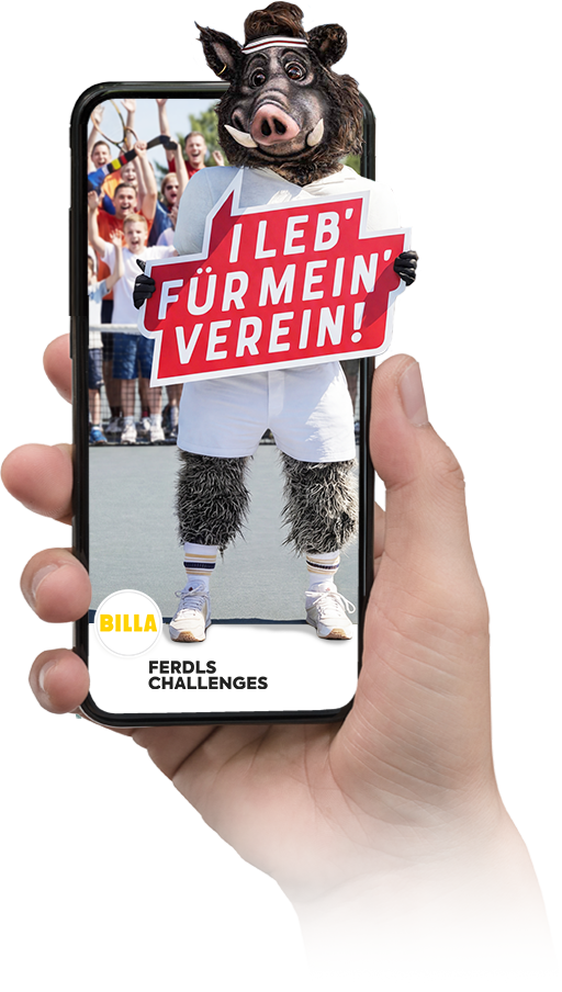 BILLA Aktion I leb' für mein Verein Maskottchen Ferdl Formatsprengend aus einem iPhone das gehalten wird